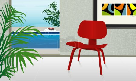 Illustration for Retro-stylized home with view of swimming pool. Mid-century modern chair; Easy-edit layered file. - Royalty Free Image