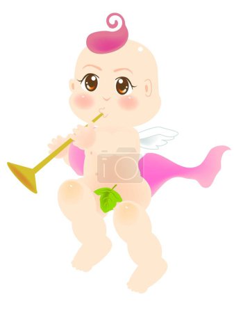 Téléchargez les illustrations : Illustration vectorielle pour un bébé ange jouant de la corne, flûte - en licence libre de droit
