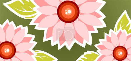 Illustration for Ornate pink flowers pattern  on a green background. - Royalty Free Image