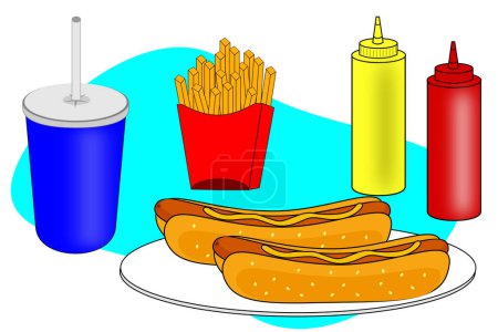 Téléchargez les illustrations : Une scène de dîner Hotdog avec des frites et des boissons gazeuses - en licence libre de droit