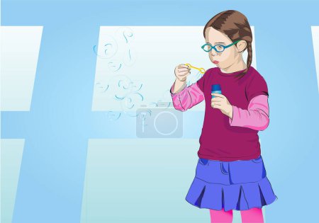 Téléchargez les illustrations : Illustration vectorielle de Jolie petite fille soufflant des bulles, s'amusant un peu - en licence libre de droit