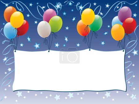Ilustración de Decoración de globos con una pancarta en blanco y estrellas brillantes - Imagen libre de derechos