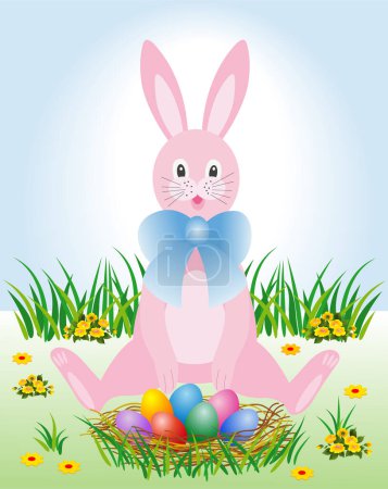 Téléchargez les illustrations : Lapin de Pâques avec des œufs dans le nid - en licence libre de droit
