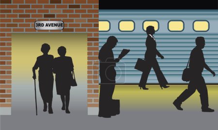 Téléchargez les illustrations : Silhouettes de personnes debout, marchant dans la station de métro - en licence libre de droit