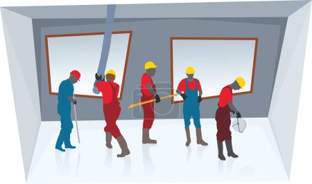 Ilustración de Equipo de trabajadores de la construcción construyendo nueva casa de hormigón - Imagen libre de derechos