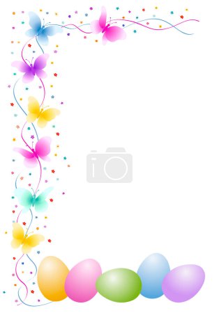 Illustration for Easter eggs with flying butterfly and flowers above. - Royalty Free Image