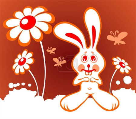 Téléchargez les illustrations : Lapin dessin animé avec des fleurs sur un fond rouge. - en licence libre de droit