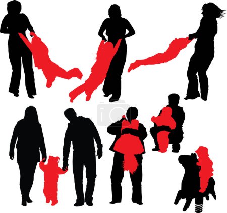 Ilustración de Ilustraciones vectoriales de familia feliz. Madre y padre jugando con su hija y su hijo - Imagen libre de derechos