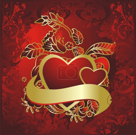 Illustration for Two red hearts in a gold frame against colours and an ornament - Royalty Free Image