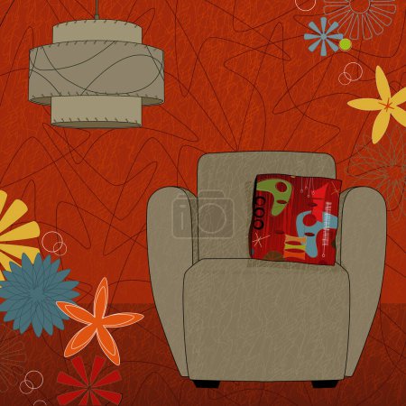 Illustration for Retro-modern easy chair and lamp; colorful and stylized. Each item is grouped so you can use them independently from the background. Easy-edit layered file. - Royalty Free Image
