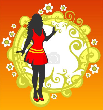 Téléchargez les illustrations : Jolie silhouette fille et motif floral vert sur fond rouge. - en licence libre de droit