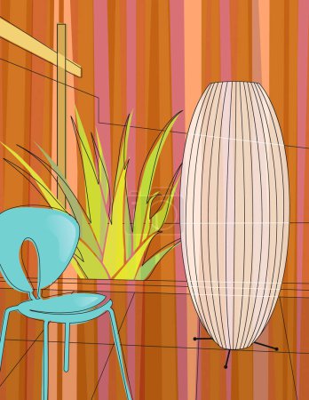 Téléchargez les illustrations : Moderne, coloré motif stylisé de chaise, lampe et aloe vera dans un atrium maison moderne. Chaque élément est groupé de sorte que vous pouvez les utiliser indépendamment de l'arrière-plan. - en licence libre de droit