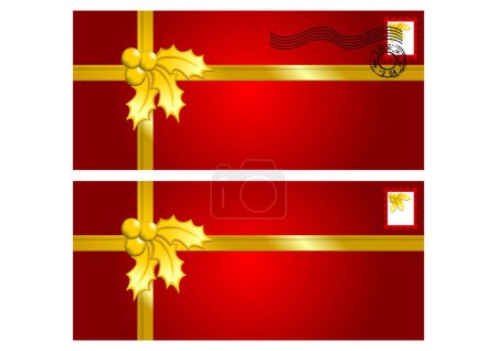 Ilustración de Sobres rojos adornados con acebo de oro de Navidad - Imagen libre de derechos