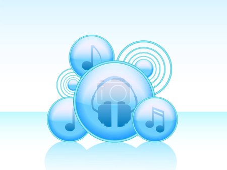 Illustration for Glossy blue buttons with headphone and music symbols reflected on a shiny surface - Royalty Free Image