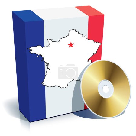 Illustration for French software box with national colors, map and national border. - Royalty Free Image