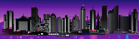 Ilustración de Ilustración vectorial de un horizonte de la ciudad muy detallado por la noche (cada elemento se puede editar) - Imagen libre de derechos