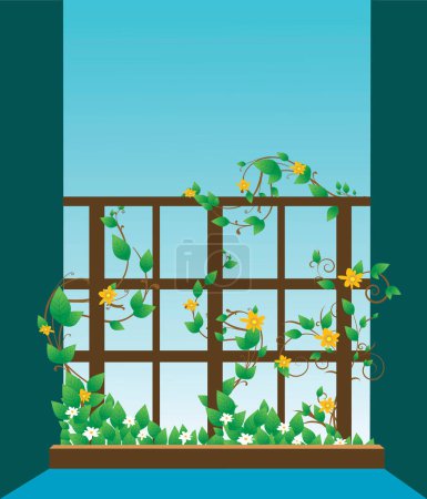 Illustration for Illustration of a window with flowers on vine - Royalty Free Image