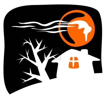 Téléchargez les illustrations : Silhouette de maison rurale sur fond noir. Illustration Halloween. - en licence libre de droit