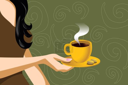 Illustration for Illustration of a woman holding coffee cup with cookies - Royalty Free Image