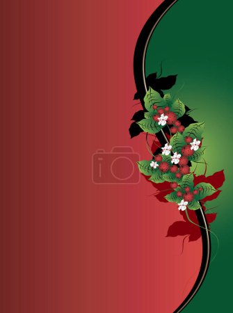 Téléchargez les illustrations : Fond rouge-vert avec ornement floral et baies - en licence libre de droit