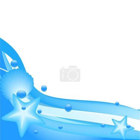 Téléchargez les illustrations : Illustration vectorielle des vagues d'eau de mer avec étoile de mer et coquille - en licence libre de droit