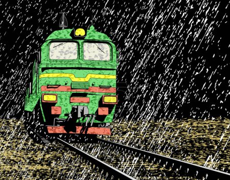 Téléchargez les illustrations : Illustration vectorielle d'un train russe sous la pluie la nuit - en licence libre de droit