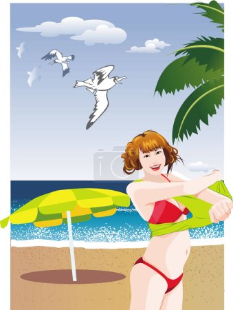Téléchargez les illustrations : Une femme sur la plage dans une journée d'été - en licence libre de droit