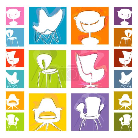 Téléchargez les illustrations : Icônes de chaise mod (vectoriel) Icônes de chaise stylisée rétro sur des fonds colorés. Fichier vectoriel stratifié facile à éditer -Pas de transparents ou de traits! - en licence libre de droit