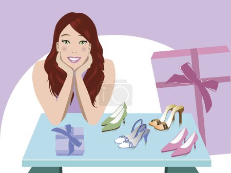 Illustration for Illustration of woman with lots of gifts, boxes and flowers - Royalty Free Image