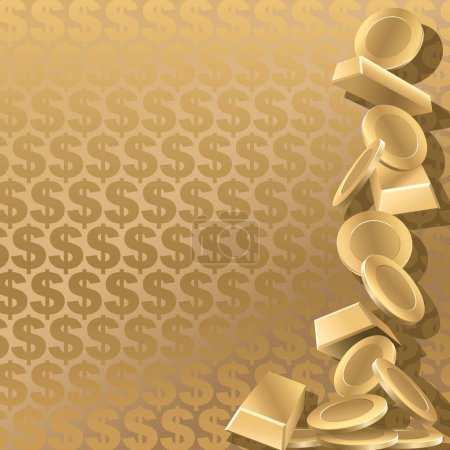 Illustration for Gold coins and goldbars on a gold dollar background. - Royalty Free Image