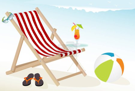 Téléchargez les illustrations : Fun à la plage Icônes : cocktail tropical, chaise longue, lunettes de soleil, ballon de plage et tongs ; Fichier en couches facile à éditer. - en licence libre de droit