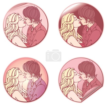 Illustration for Valentine day stickers with beautiful kissing couple - Royalty Free Image