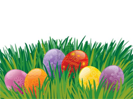 Ilustración de Huevos pintados de Pascua yaciendo sobre la hierba - Imagen libre de derechos