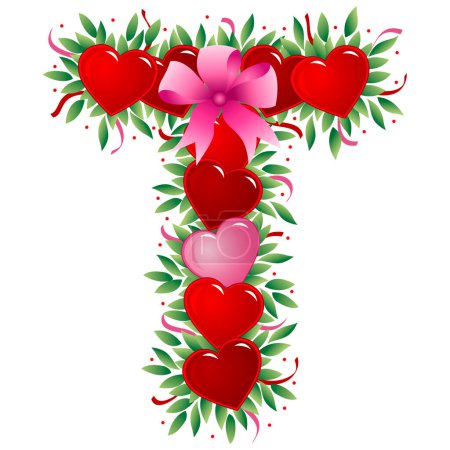 Illustration for Letter T with heart, bow, ribbon and leaf - Royalty Free Image