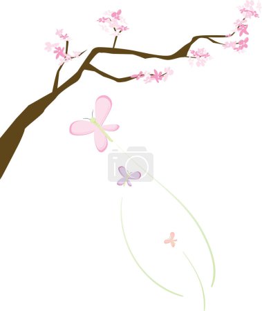 Téléchargez les illustrations : Illustration d'une fleur de cerisier sur une seule branche avec des papillons volants - en licence libre de droit