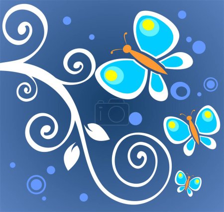 Téléchargez les illustrations : Boucles blanches ornées et papillons sur fond bleu. - en licence libre de droit