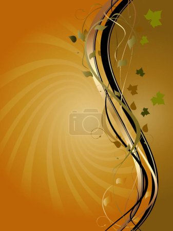 Illustration for Yellow-brown-gold background with abstract waves, floral ornament and leaf - Royalty Free Image