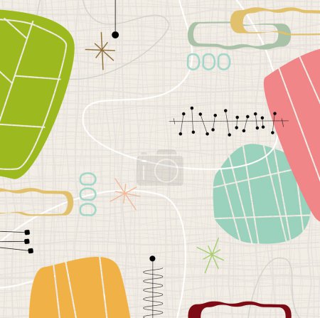 Illustration for Retro barkcloth fabric-inspired design with shapes and boomerangs. Each item is grouped so you can use them independently from the background. Layered file for easy edit--no transparencies or strokes! - Royalty Free Image