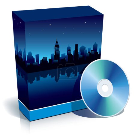 Ilustración de Caja 3d en blanco azul con panorama de la ciudad moderna por la noche y CD. - Imagen libre de derechos