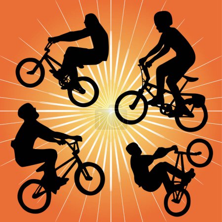 Illustration for Silhouette of bmx riders on an orange background. Vector illustration - Royalty Free Image