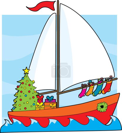 Téléchargez les illustrations : Un voilier avec un sapin de Noël, des cadeaux et des bas suspendus à la voile - en licence libre de droit