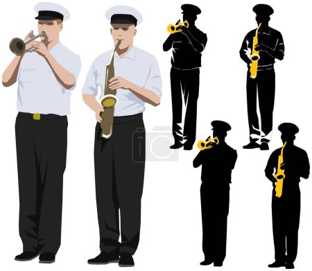 Illustration for Members of military band playing trumpet and saxophone. Vector illustration and silhouette - Royalty Free Image