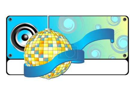 Illustration for Blue party banner with mirror ball speaker and ribbon - Royalty Free Image