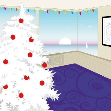 Illustration for Stylized White Christmas Tree Overlooking West Coast Sunset. Christmas in California modern home. Flexible, easy-edit file - Royalty Free Image
