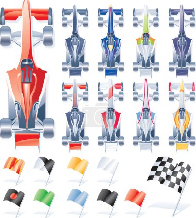 Ilustración de Diferentes esquemas de colores de coches fórmula y banderas de carreras - Imagen libre de derechos