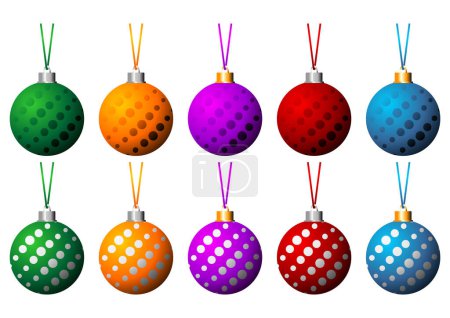 Ilustración de Juego de bolas navideñas con cintas en diferentes colores aisladas sobre fondo blanco - Imagen libre de derechos