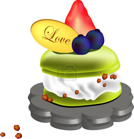Illustration for A slide of creamy puff cake, with blueberry, strawberry on top. - Royalty Free Image