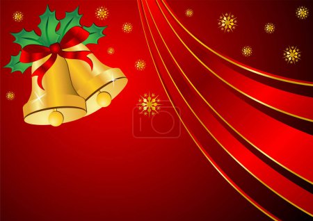Illustration for Christmas bells ornamented with holly and ribbon over red background - Royalty Free Image