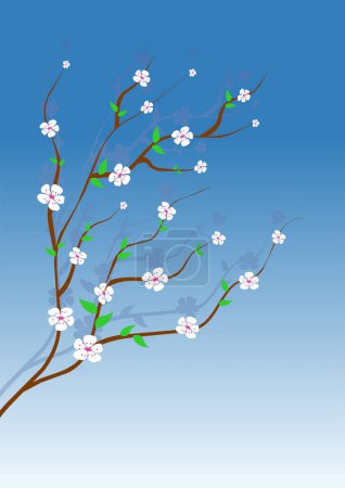 Ilustración de Almendro con flores blancas sobre el cielo azul degradado - Imagen libre de derechos