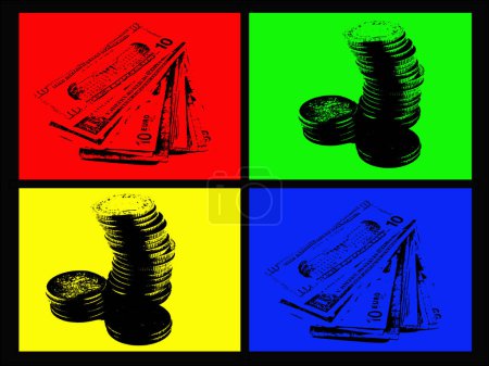 Ilustración de Papel moneda y monedas en un fondo de cuatro colores - Imagen libre de derechos